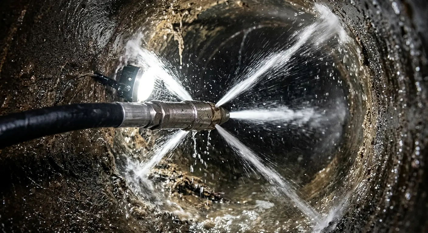 High-pressure hydro jetting nozzle cleaning sewer pipe for Sewer Cleanout in Sherwood
