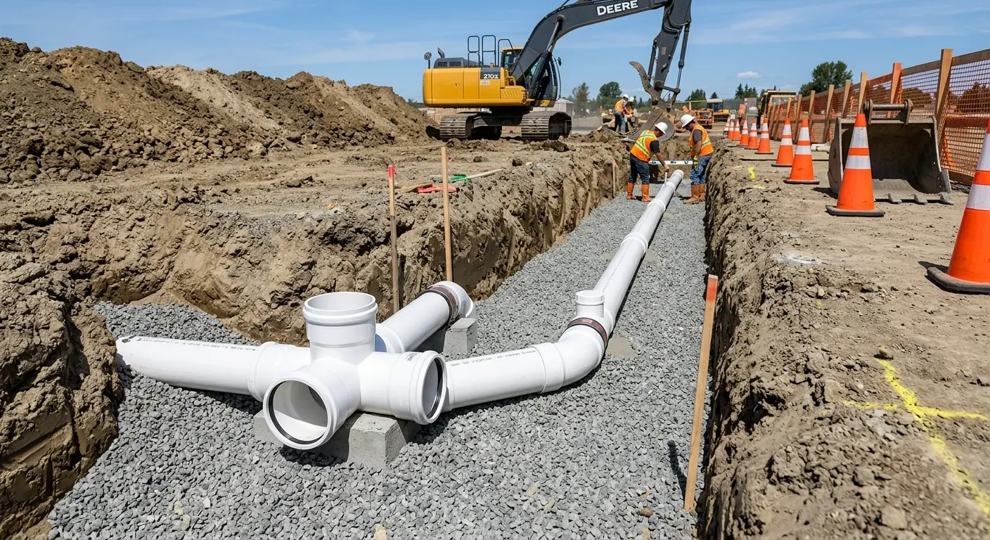 New PVC sewer pipe installation in open trench for Sewer Backup in Sherwood