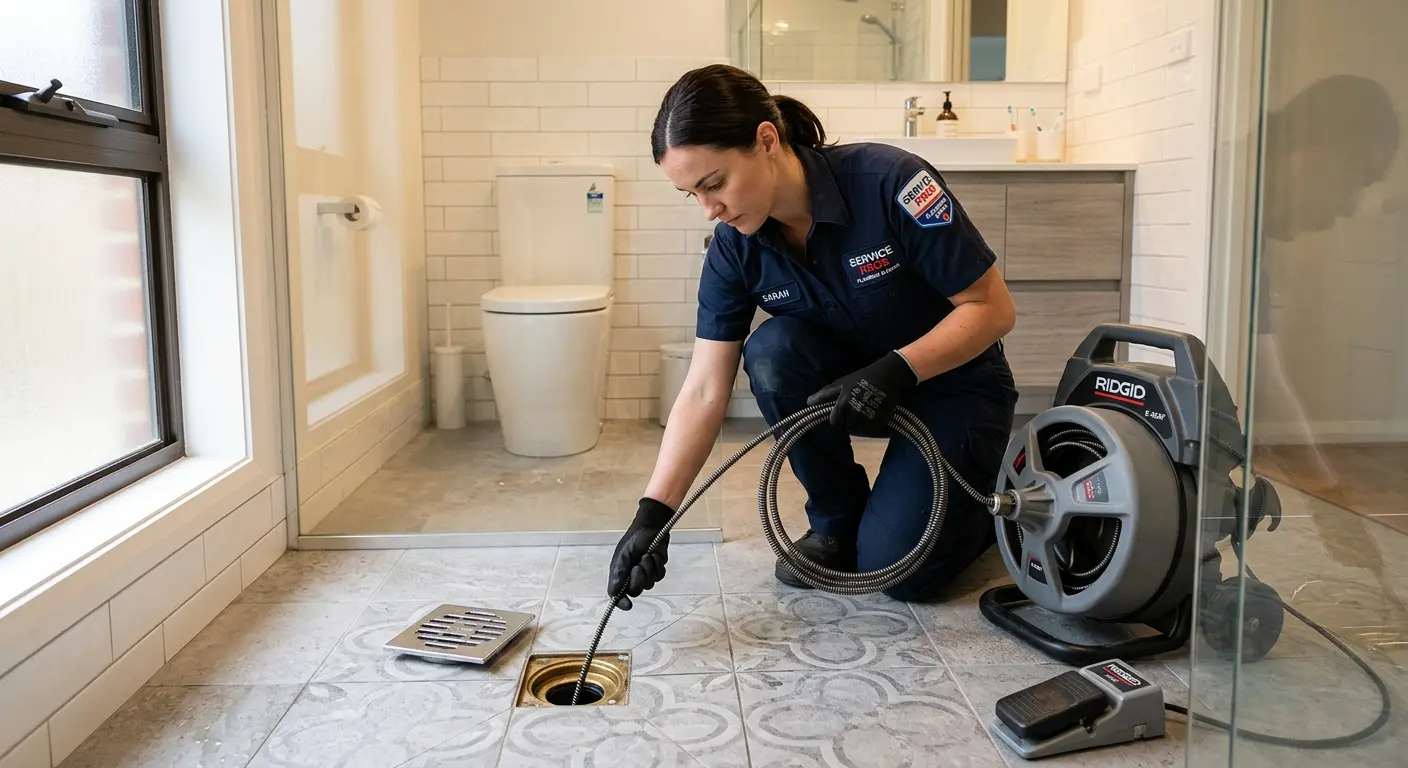 Technician clearing a bathroom floor drain for Clogged Drain Repair in Sherwood